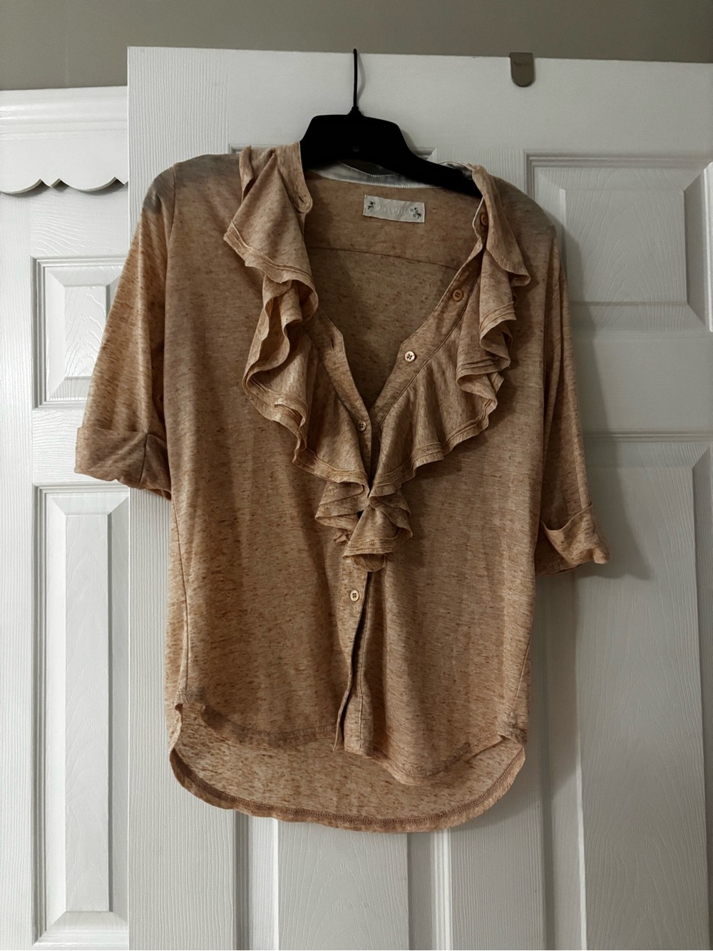 Velvet Ruffle-Trim Button Front Blouse - Camel/Tan